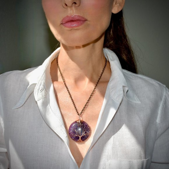 925 Silver Italian Large Amethyst Tree Of Life 20" Necklace - Picture 2 of 8